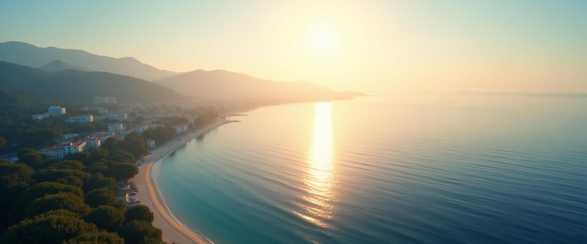 Vue aérienne du littoral de Nice au lever du soleil, avec la mer Méditerranée scintillante