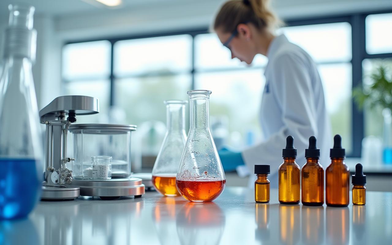 Poste de formulation avancé avec des équipements de laboratoire modernes et flacons d'ingrédients naturels