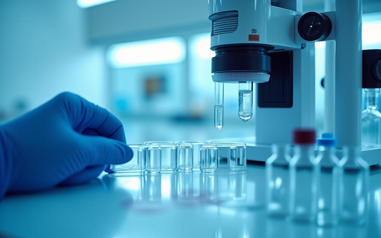 Technicien en blouse blanche effectuant un contrôle qualité sur des échantillons cosmétiques sous un microscope sophistiqué