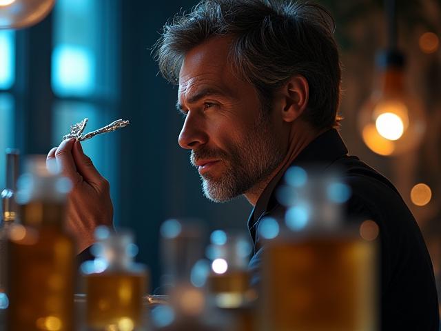Portrait de Marc Rivière, parfumeur senior, homme concentré sentant un échantillon de parfum dans un laboratoire raffiné