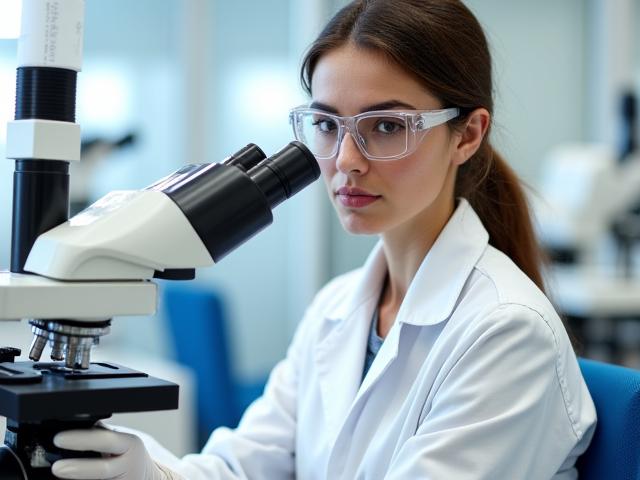 Portrait de Sophie Martin, responsable qualité, femme attentive examinant des échantillons de produits cosmétiques dans un environnement de laboratoire stérile