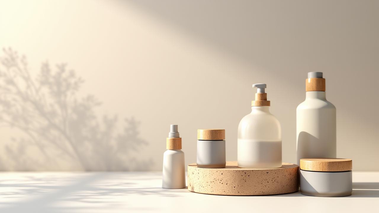 Composition de packagings cosmétiques luxueux et durables en verre recyclé, bois certifié et aluminium, élégamment disposés.