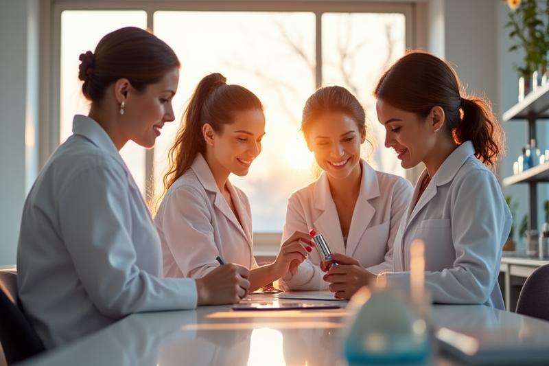 Équipe de Sable Doré discutant dans un laboratoire moderne