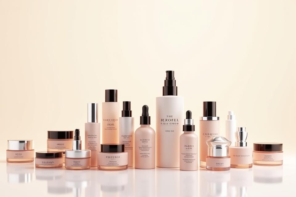 Une collection de flacons de cosmétiques variés, avec des étiquetages différents mais des formes similaires, illustrant la polyvalence de la marque blanche et la personnalisation du packaging.