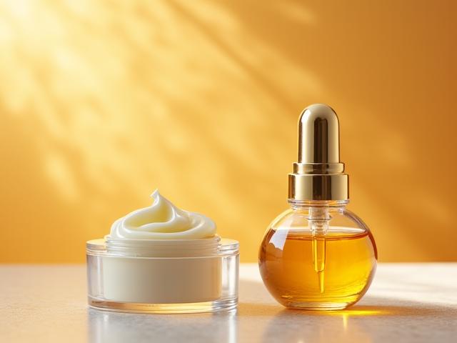 Flacon compte-gouttes d'huile précieuse et texture baume luxueuse