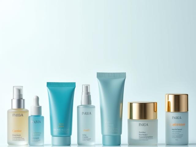 Gamme de nettoyants faciaux et soins solaires dans des packagings élégants